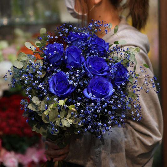 青薔薇の花束 カスミ草ミックス