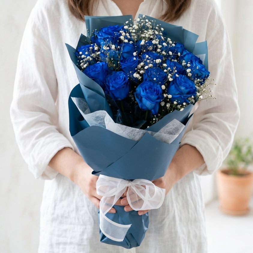 青薔薇20本の花束(かすみ草あり) ミスティックブルー