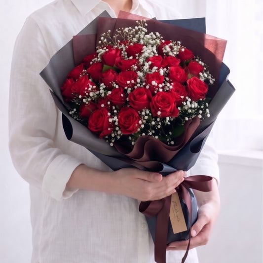 赤薔薇20本の花束(かすみ草あり) ブリランテラブレッド