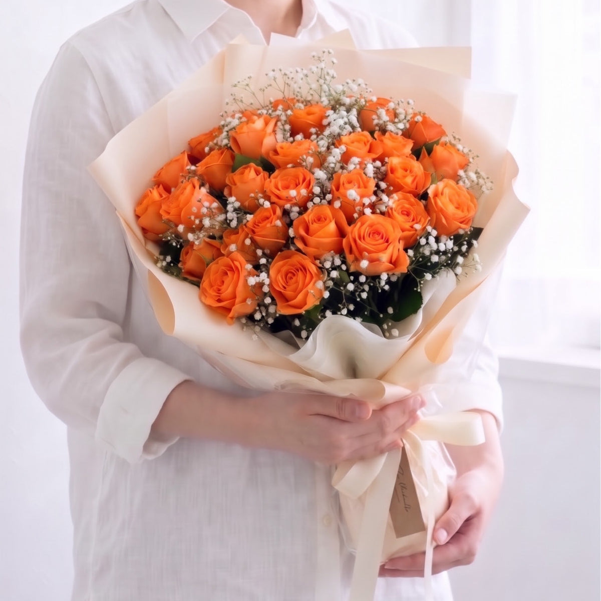 オレンジ薔薇20本の花束(かすみ草あり) ラブズオレンジ